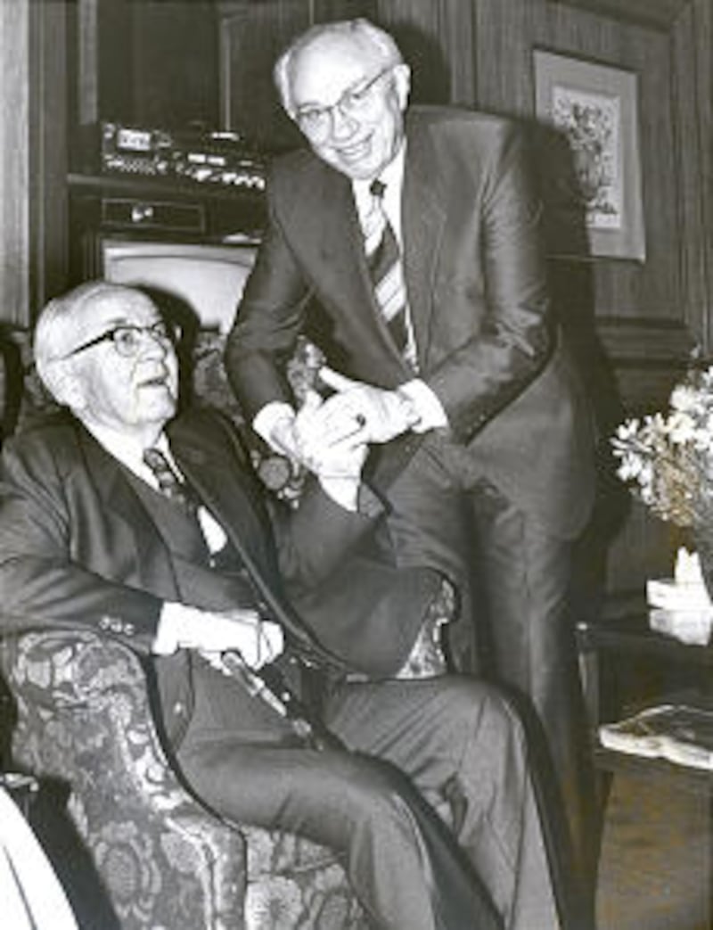 President Gordon B. Hinckley visits President Kimball on the Kimballs' 65th wedding anniversary.