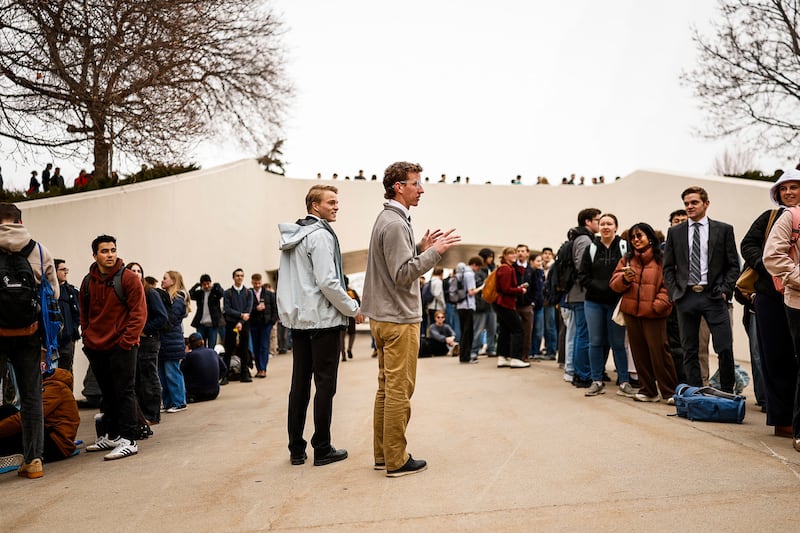 BYU students line up outside the Marriott Center in Provo, Utah, prior to a devotional with President Dallin H. Oaks on Tuesday, Feb. 10, 2026.