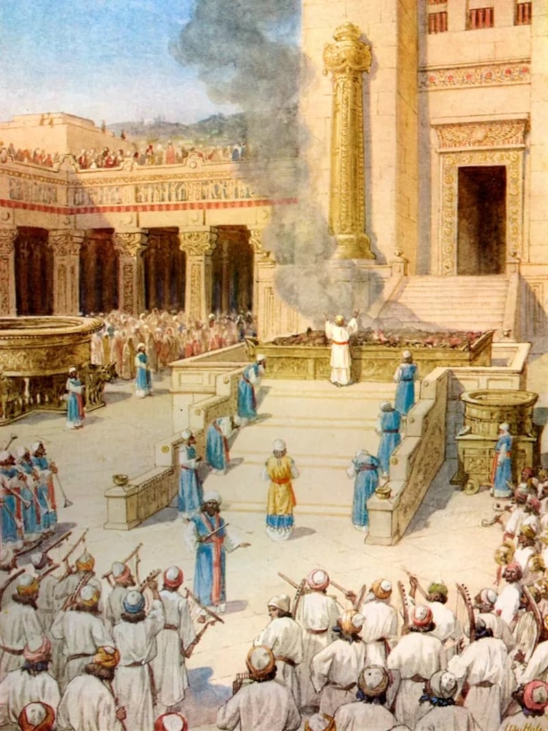 "Dedication of the Temple of Solomon in Jerusalem" is by William Hole.