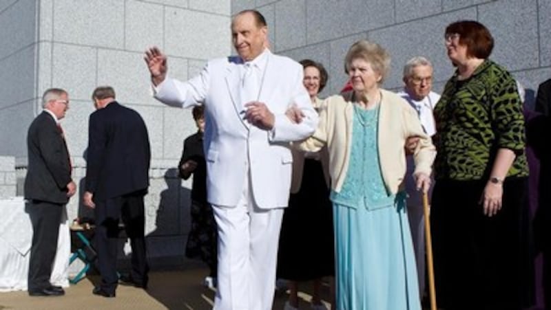 President and Sister Monson greet the crowd following the cornerstone ceremony at the Draper Utah Te