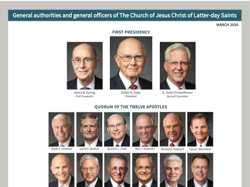 The March 2026 chart of general authorities and general officers of The Church of Jesus Christ of Latter-day Saints includes the new First Presidency and two recently called members of the Quorum of the Twelve Apostles.