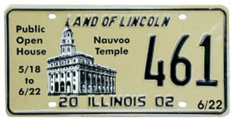 Illinois state license plate commemorates Nauvoo Illinois Temple and open house. It was manufactured