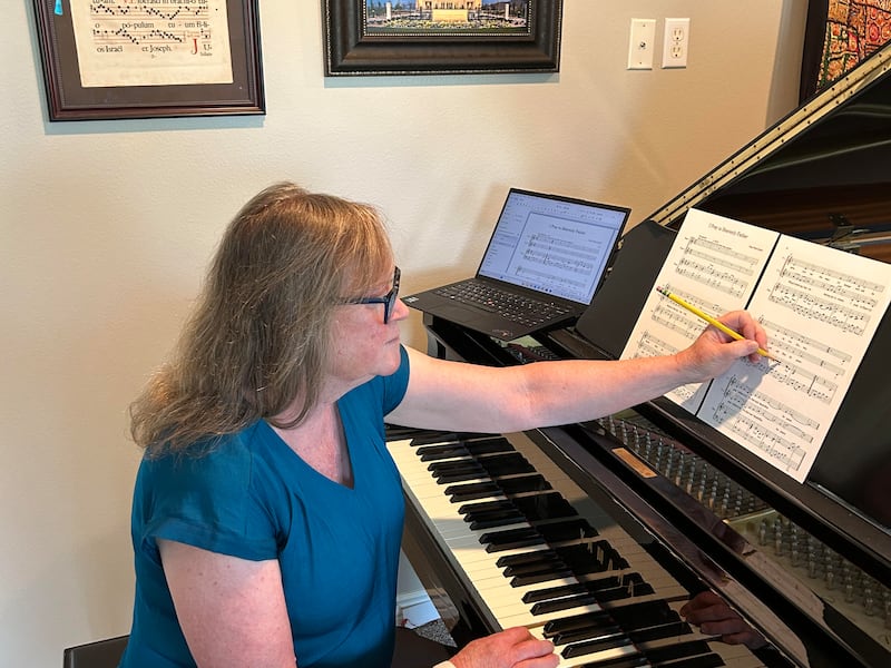 Delys Waite Snyder composes music at her piano in Salem, Utah, May 15, 2026.