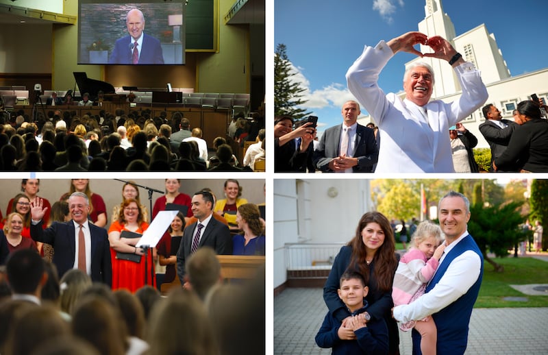 Clockwise from top left: President Russell M. Nelson smiles while speaking during an online devotional broadcast in Lethbridge, Alberta, Canada; Elder Dieter F. Uchtdorf makes a heart symbol with his hands between sessions of the rededication of the Hamilton New Zealand Temple; Mihaela and Adrian Mustata pictured with their children in Bucharest, Romania, prior to a devotional with Elder David A. Bednar; and Elder Ulisses Soares waves to young adults during a devotional in West Jordan, Utah.