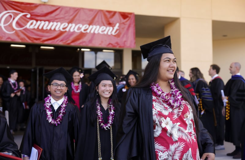 BYU–Hawaii graduates exit the Cannon Activities Center in Laie, Hawaii, following commencement on Friday, Dec. 12, 2025.