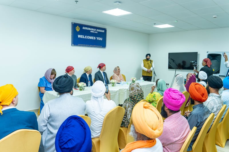 Surender Singh Kandhari, chairman of the Guru Nanak Darbar Gurudwara, a Sikh temple, delivers opening remarks before a food kit distribution ceremony in Dubai, United Arab Emirates, on Sunday, Aug. 30, 2026. The food kits were assembled by members of the Sikh community and members of The Church of Jesus Christ of Latter-day Saints in a combined service project.