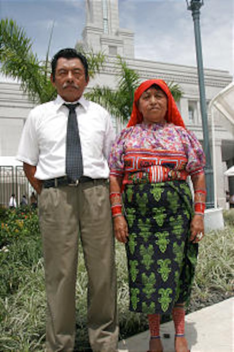 San Blas Indians Ernesto and Felicia Tejada outside Panama's only temple.