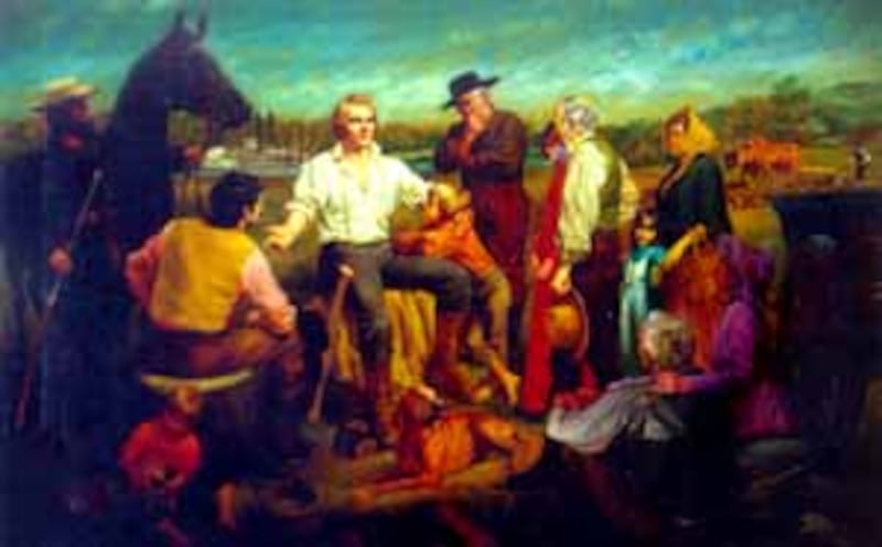 Joseph Smith, in painting by Theodore Gorka, sits comfortably with friends in a Nauvoo setting.