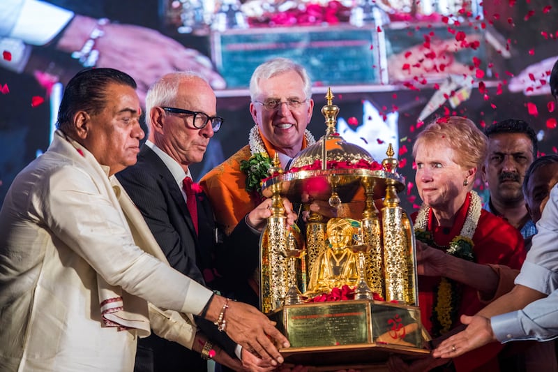 Elder D. Todd Christofferson, member of the Quorum of Twelve Apostles of The Church of Jesus Christ of Latter Day Saints, receives the Philosopher Saint Shri Dnyaneshwara World Peace Prize during an award ceremony at the MIT World Peace University in Pune, Maharashtra, India on August 14, 2017.