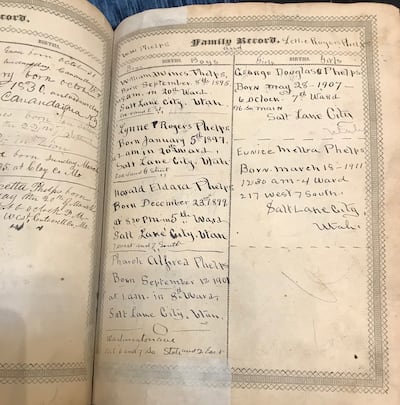 Records of family births, deaths and marriages are found inside the William W. Phelps’ Bible.