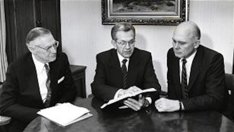 In 1985, Elder James E. Faust, left, Elder Boyd K. Packer and Elder Dallin H. Oaks - all of the Quor