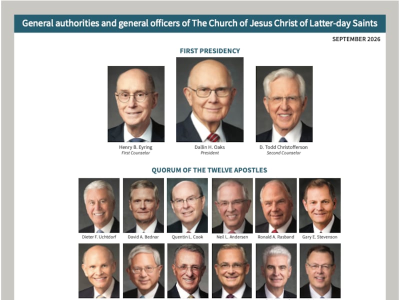 General authority and officers chart with the First Presidency members and Quorum of the Twelve Apostles.