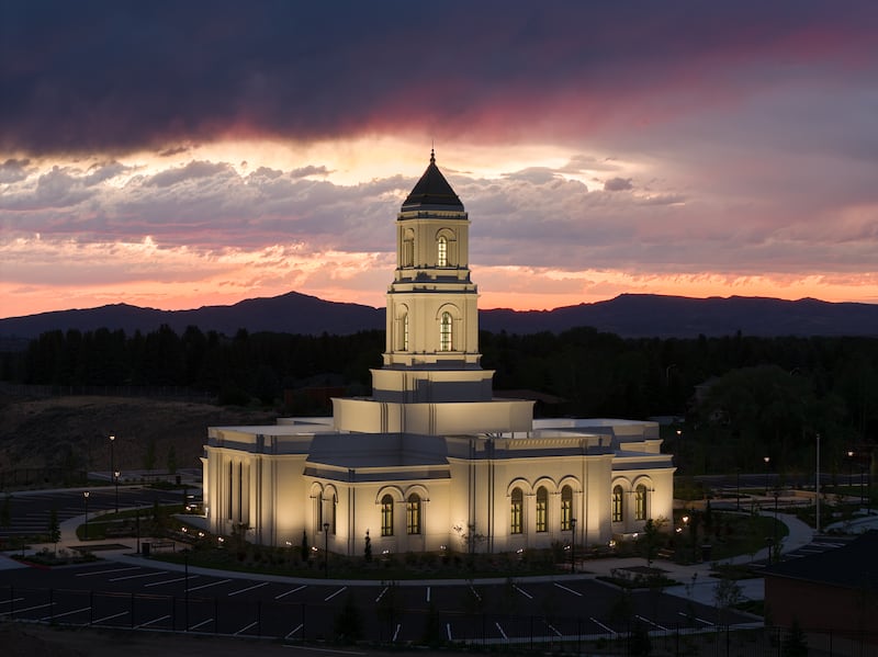 The Cody Wyoming Temple at dusk.