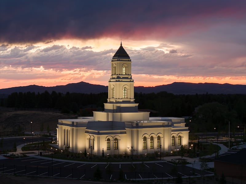 The Cody Wyoming Temple at dusk.