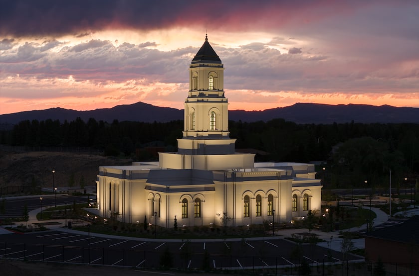 The Cody Wyoming Temple at dusk.