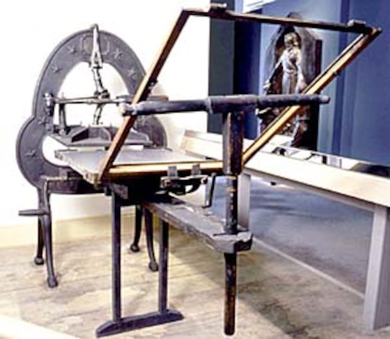 The original Grandin printing press, now sitting in the Museum of Church History and Art in Salt Lak