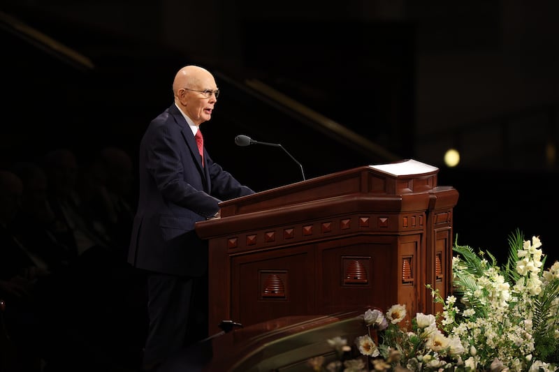 Church President Dallin H. Oaks speaks during the Sunday afternoon session of the 196th Annual General Conference of The Church of Jesus Christ of Latter-day Saints in the Conference Center in Salt Lake City on April 5, 2026.