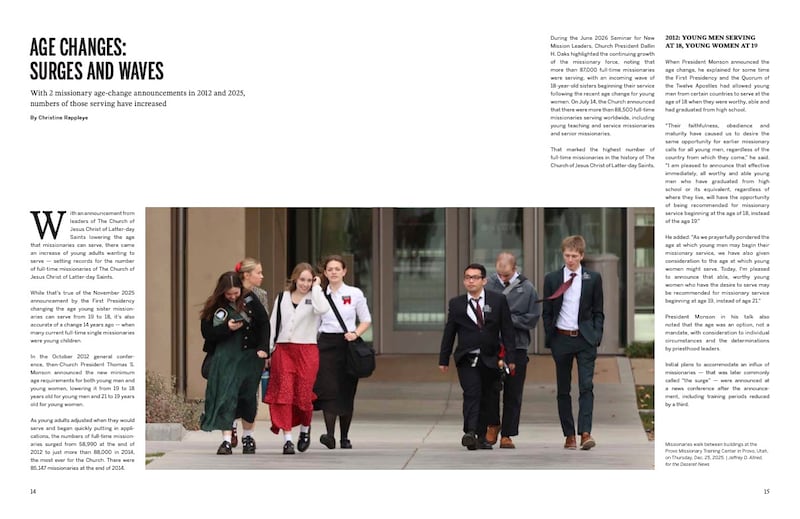 Page 15 of the Missionary Work in The Church of Jesus Christ of Latter-day Saints magazine include a photo of missionaries walking at the Provo Missionary Training Center.