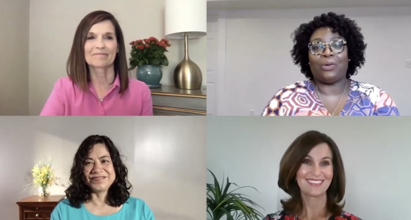 Sister Becky Craven, Sister Reyna Isabel Aburto, Sister Lisa L. Harkness and Sister Tracy Browning gather together virtually for the Sister to Sister event featured during the BYU Women’s Conference digital event on Friday, May 1, 2020.