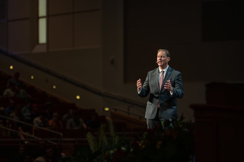 Elder Mark A. Bragg delivers a devotional message on Tuesday, June 2, 2026, at the I Center in Rexburg, Idaho.