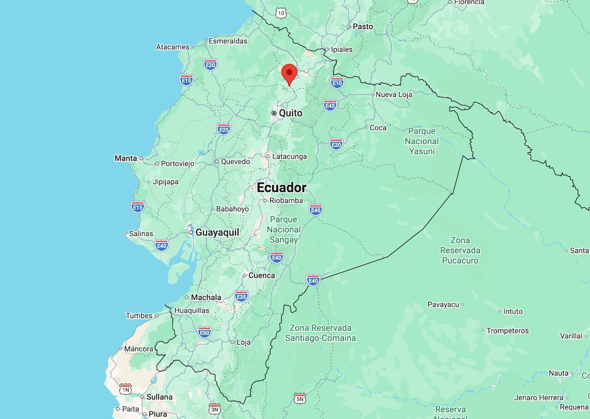 A map of Ecuador, with a pin in Otavalo, in the north of the country.