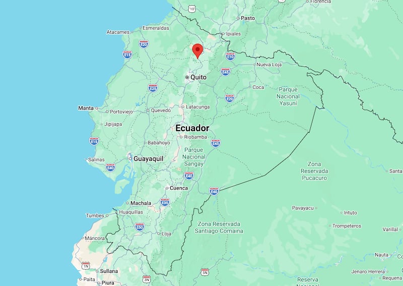 A map of Ecuador, with a pin in Otavalo, in the north of the country.