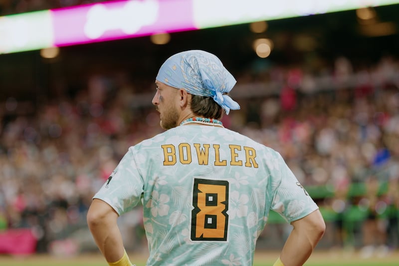 Kaden Bowler, of the Loco Beach Coconuts, plays in a game in Las Vegas, Nevada, on Friday, May 1, 2026. The Coconuts are one of six teams in the Banana Ball Championship League.