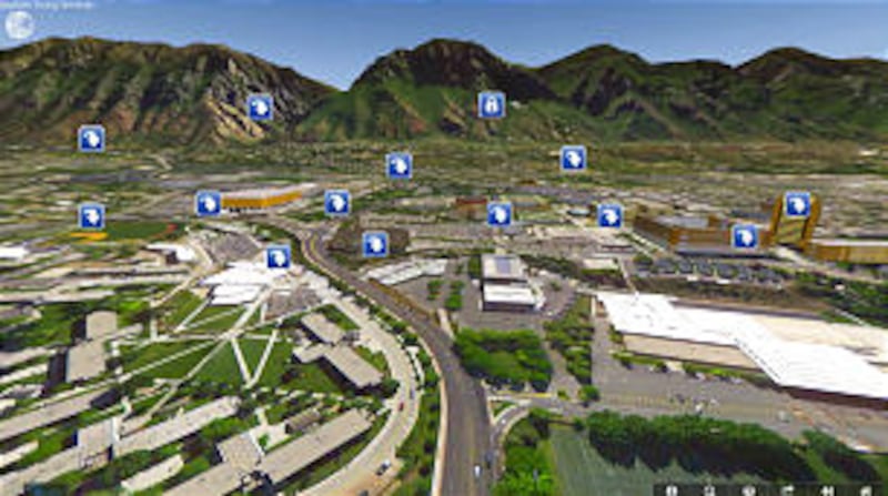 The homepage of the virtual tour of BYU shows blue arrow buttons that are links to various areas on