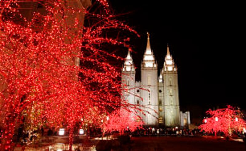 Christmas lights are turned on the Main Street Plaza near Temple Square in Salt Lake City Friday, N