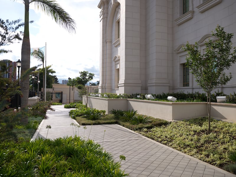 A walkway beside the Miraflores Guatemala City Guatemala Temple.