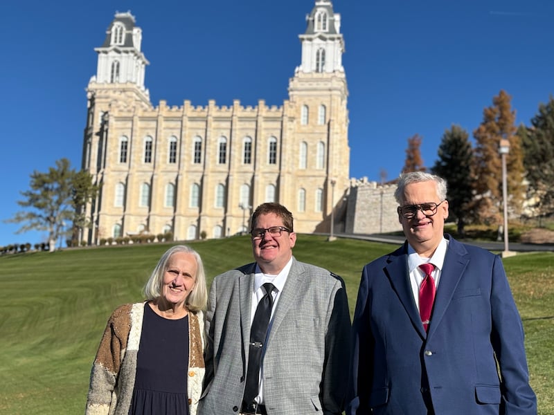 From left, Kris Sorensen and sons, Matthew Sorensen and Daniel Sorensen, stand in front of the Manti Utah Temple after doing baptisms for the dead on Oct. 10, 2025.