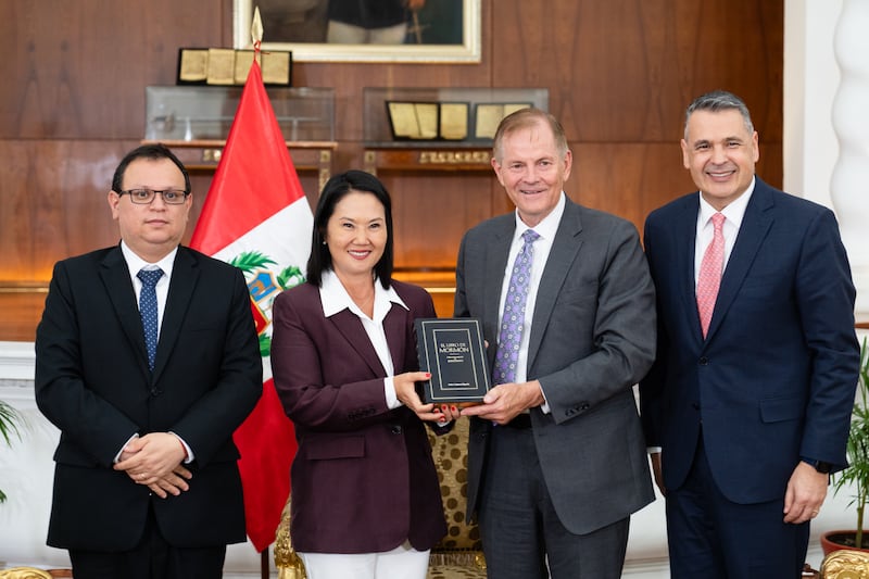 Elder Gary E. Stevenson of the Quorum of the Twelve Apostles, center right, of The Church of Jesus Christ of Latter-day Saints with Peru President Keiko Fujimori Higuchi, center left, as part of a ministry in the South American country on Thursday, Aug. 27, 2026, at the Government Palace in Lima, Peru. Elder Stevenson was accompanied by Elder Juan Pablo Villar, right, a General Authority Seventy and president of the South America Northwest Area. Fujimori was accompanied by Marco Antonio Vinelli Ruiz, minister of Agrarian Development and Irrigation.