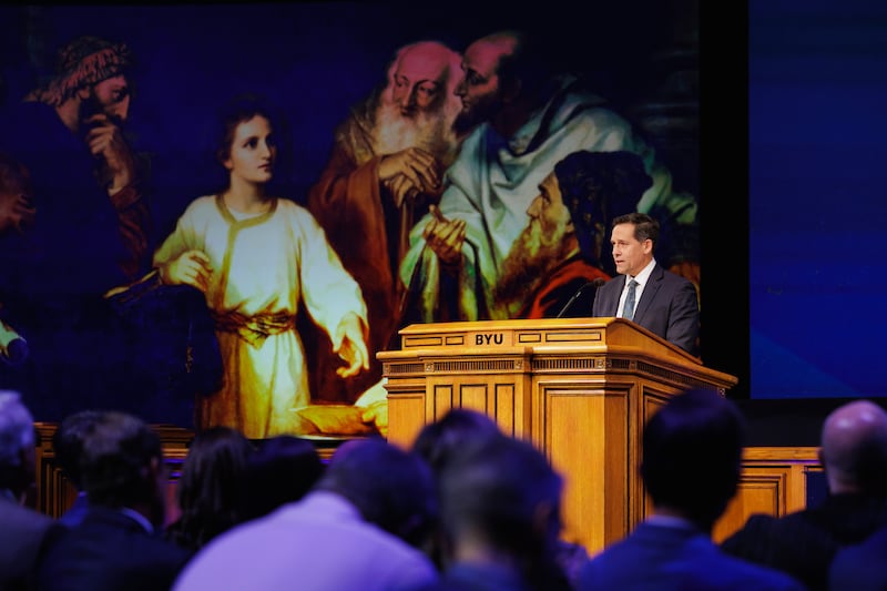 Elder B. Corey Cuvelier, a General Authority Seventy, speaks during a BYU campus devotional, in the Marriott Center in Provo, Utah, on Tuesday, Nov. 11, 2025.