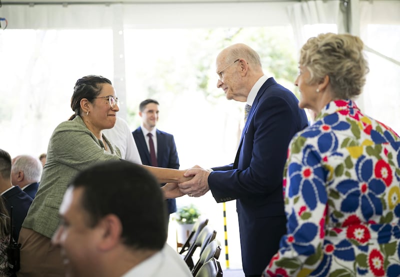 Elder Dale G. Renlund of the Quorum of the Twelve Apostles greets a member in Buenos Aires, Argentina, on Nov. 16, 2025.