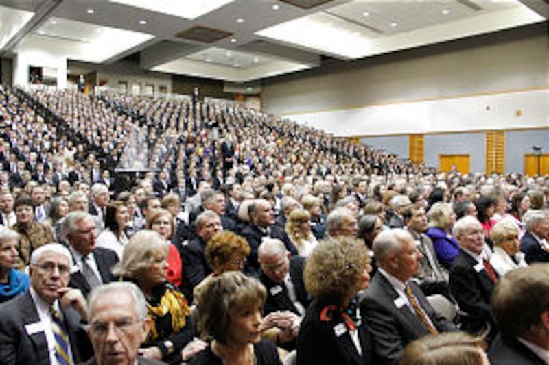 Former MTC presidents, staff and guests, foreground, are part of devotional congregation for jubilee