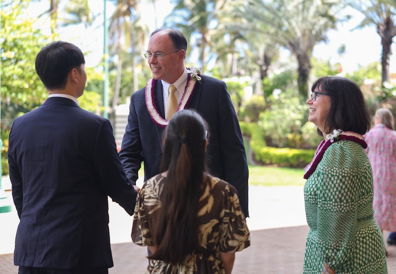 Presiding Bishop W. Christopher Waddell and his wife, Sister Carol S. Waddell, greet BYU–Hawaii students following a campus devotional held in the Cannon Activities Center in Laie, Hawaii, on Tuesday, Oct. 13, 2026.
