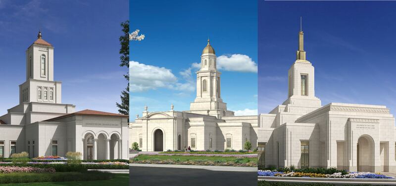 From left, Exterior rendering of the Sunnyvale California Temple; A rendering of the Bacolod Philippines Temple; An exterior rendering of the Fairview Texas Temple.
