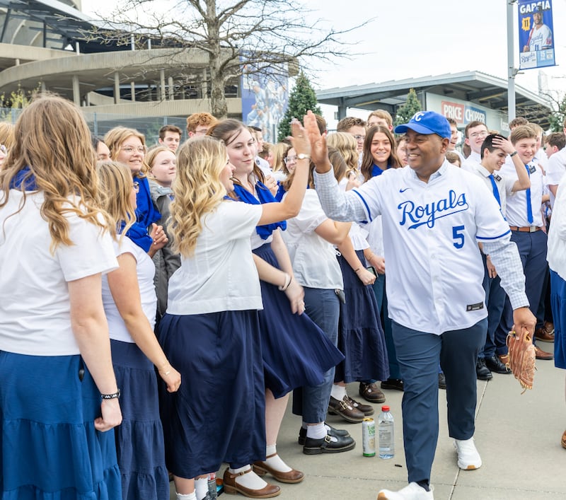 Elder G. Michael Ortiz, Area Seventy with The Church of Jesus Christ of Latter-day Saints, greets volunteers and for JustServe night at the Kansas City Royals game in Kansas City, Missouri, Thursday, April 9, 2026.