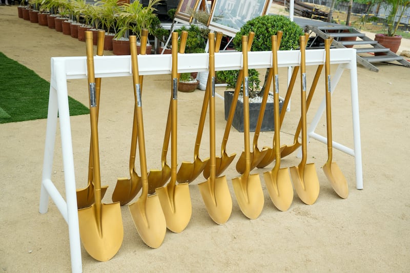 Ceremonial shovels are lined up during the groundbreaking of the Naga Philippines Temple on Aug. 8, 2026, in Naga City, Philippines.