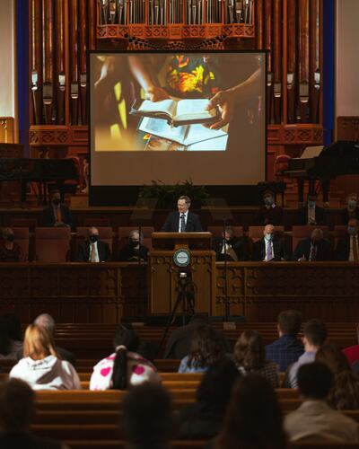 Kenneth L. Alford, a BYU professor of Church history and doctrine, speaks during the Tuesday, Feb. 15, 2022, Ensign College devotional in the Assembly Hall on Temple Square in Salt Lake City.