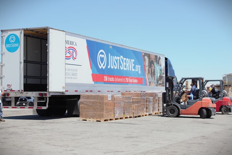 A donation of food from The Church of Jesus Christ of Latter-day Saints is unloaded from a truck at at the High Desert Second Chance in Hesperia, California, on Tuesday, July 14, 2026.