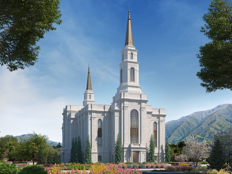 An architectural rendering of the Spanish Fork Utah Temple.