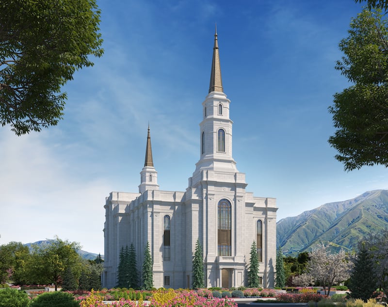 An architectural rendering of the Spanish Fork Utah Temple.