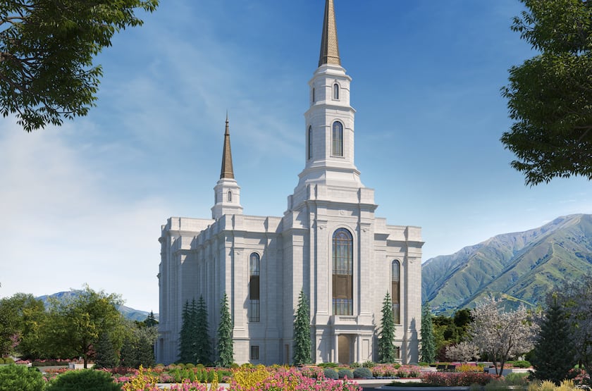 An architectural rendering of the Spanish Fork Utah Temple.