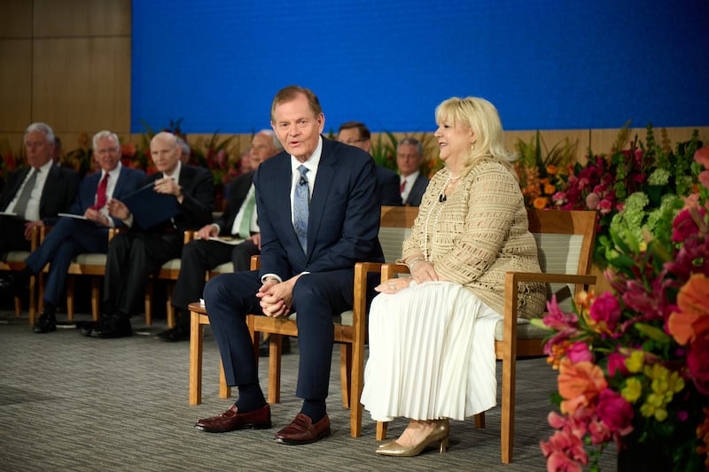 Elder Gary E. Stevenson of the Quorum of the Twelve Apostles and his wife, Sister Lesa Stevenson, speak together at the 2026 Seminar for New Mission Leaders at the Provo Missionary Training Center in Provo, Utah, on Friday, June 19, 2026.