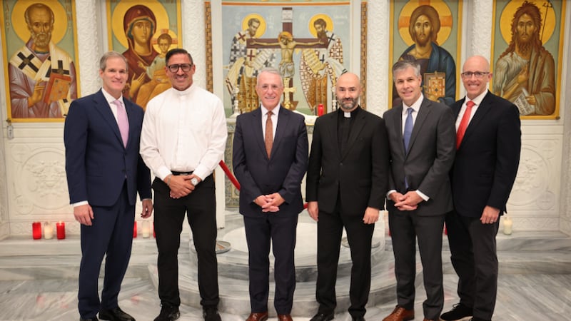 Elder Ulisses Soares of the Quorum of the Twelve Apostles, third from left, and other Church leaders meet with leadership of the Greek Orthodox Archdiocese of America at St. Nicholas Greek Orthodox Church and National Shrine in New York City on Friday, Aug. 21, 2026.