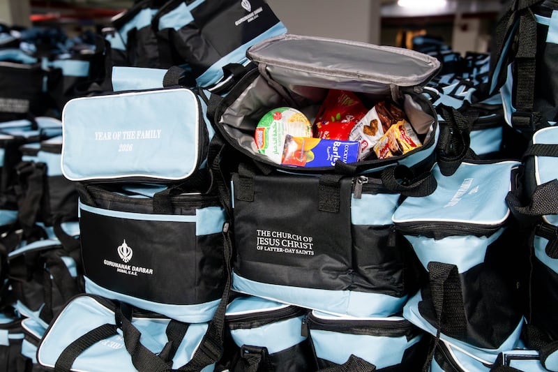 Food kits were assembled by members of The Church of Jesus Christ of Latter-day Saints and the Sikh community in a combined service project, in Dubai, United Arab Emirates, on Friday, Aug. 21, 2026.