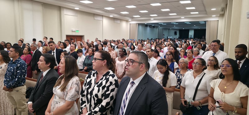 Latter-day Saints in Cali, Colombia, gather to listen to Elder Gary E. Stevenson of the Quorum of the Twelve Apostles on Monday, Aug. 24, 2026.