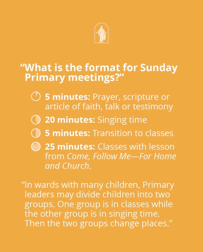 A graphic illustration shows how time will be divided in Primary with five minutes for opening, 20 minutes for singing time, give minutes to transition to classes and 25 minutes in class.