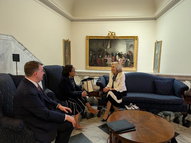 President Camille N. Johnson and Elder Michael P. Brady speak with Lora Hargrove at the Maryland governor’s office in Annapolis, Maryland, on Friday, May 15, 2026.